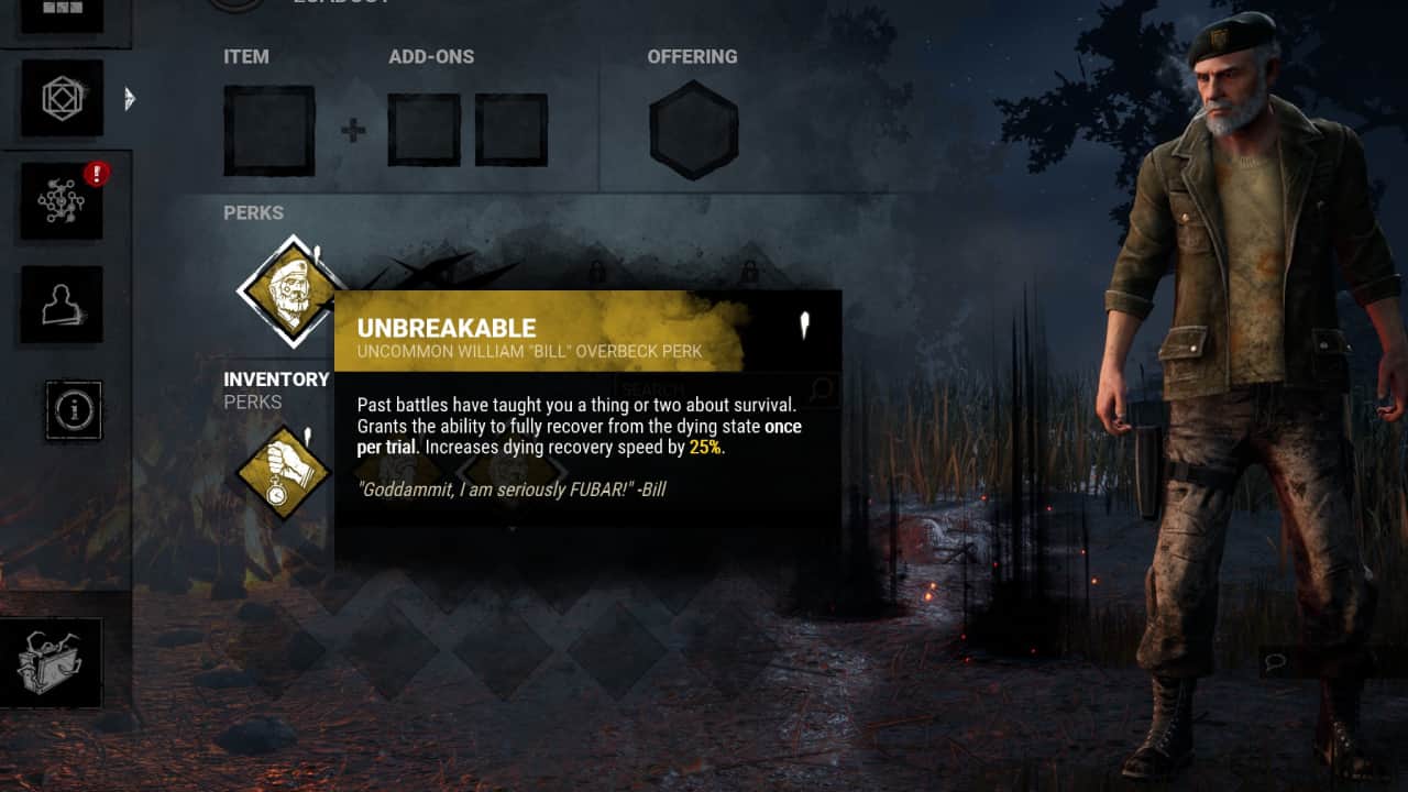 Dead by Daylight best perks for Survivors: The Unbreakable perk on display in-menu.