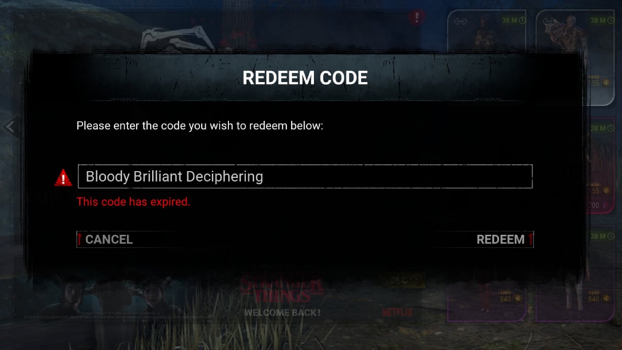 Dead By Daylight Codes: An expired code in the code redemption menu.
