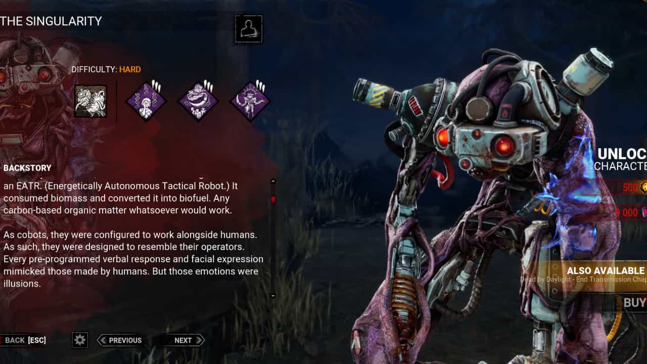 Dead by Daylight how to get Killers fast - Our guide to unlocking new monsters and villains: The Singularity Killer's purchase selection screen, outlining its abilities, backstory, and prices.