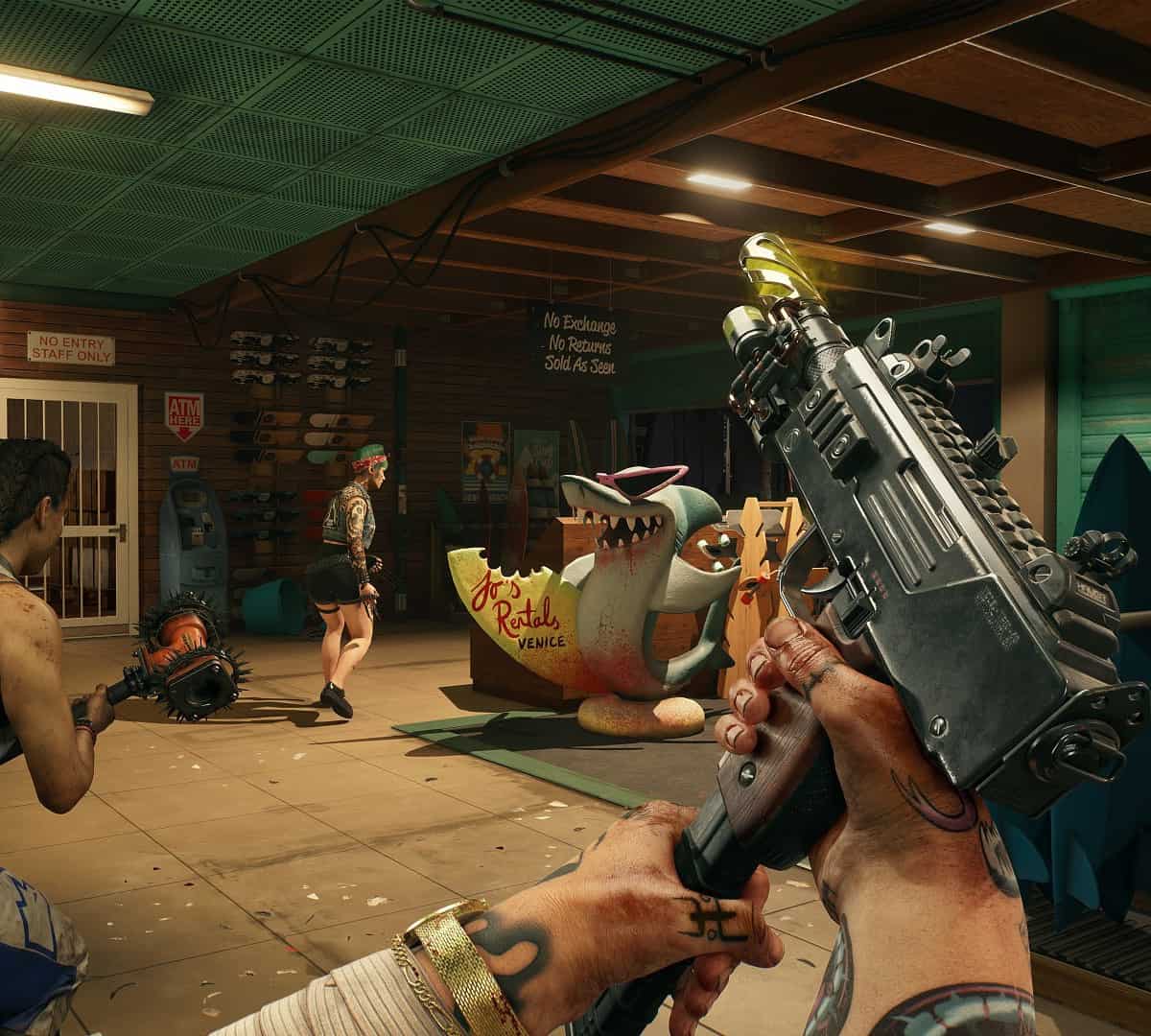 Dead Island 2 legendary weapons: The player holding a machine pistol in co-op with two other players.