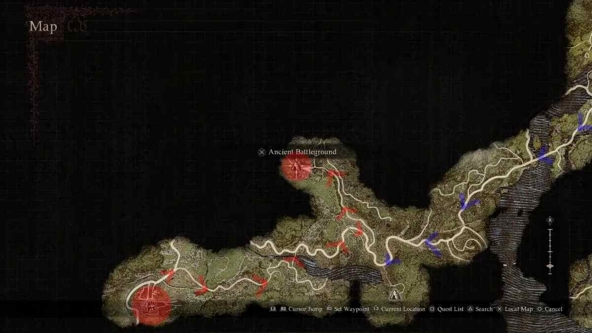 Map on the way to the Ancient Battleground, where you can unlock one of the best duospears in Dragon's Dogma 2.
