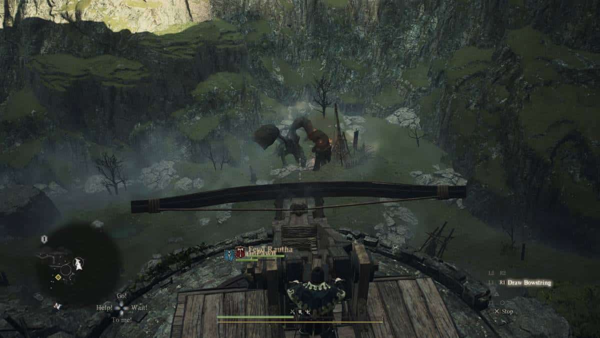 how to find the Mountain Shrine - A player character operating a large ballista in a green, rocky environment within Dragon's Dogma 2.
