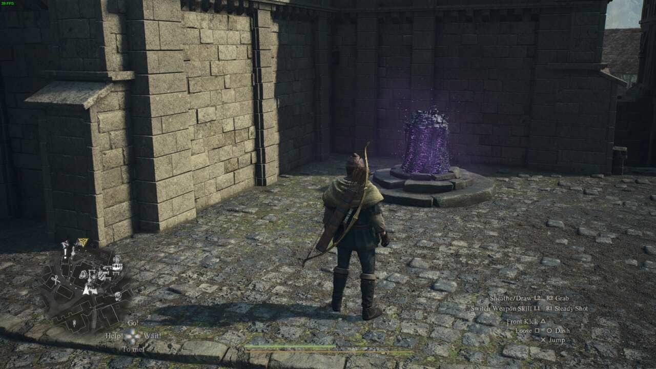 A player character in Dragon's Dogma 2, standing before a glowing purple object, possibly a fast travel point or teleportation device, with an on-screen heads-up display showing maps and controls.
