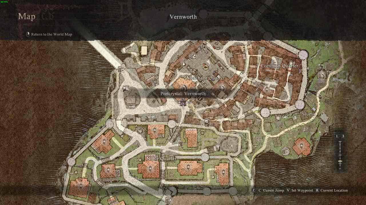 A digital overlay of a Dragon's Dogma 2 video game map showing various city quarters and street layouts with a cursor indicating a fast travel location called "portcullis of vennorth.