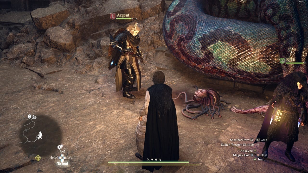 Dragon's Dogma 2 Medusa head: An image of Medusa's head next to the player and their pawns. Image captured by VideoGamer.