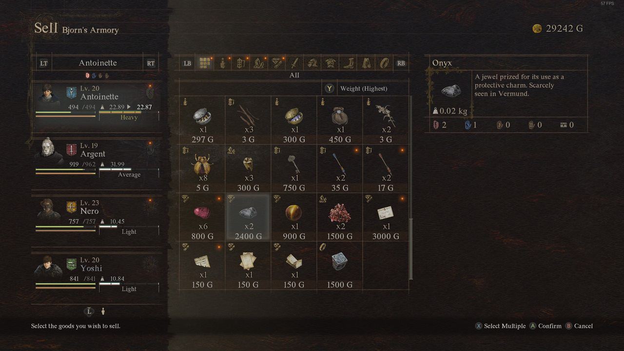 An in-game screenshot showing an inventory management interface in Dragon's Dogma 2, where the player is selling items for gold, including a recently found onyx.