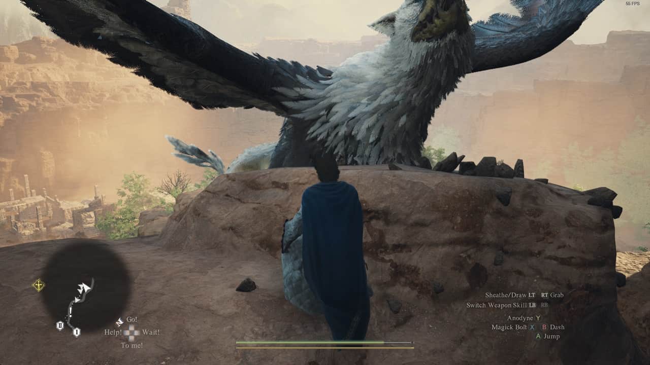 Dragon's Dogma 2 Portcrystals: A player fights a Griffin in Battahl, a location in DD2. Image captured by VideoGamer.