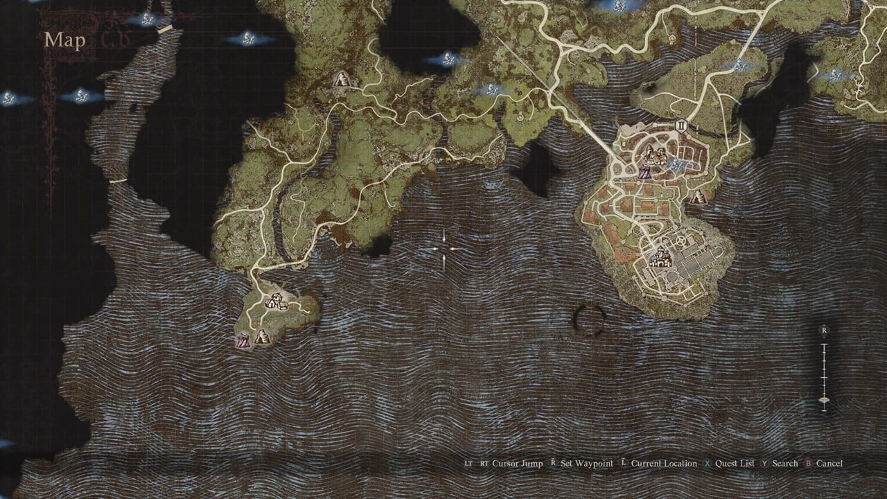 Dragon's Dogma 2 Portcrystals: An image of a map with the Portcrystals of DD2 highlighted. Image captured by VideoGamer.