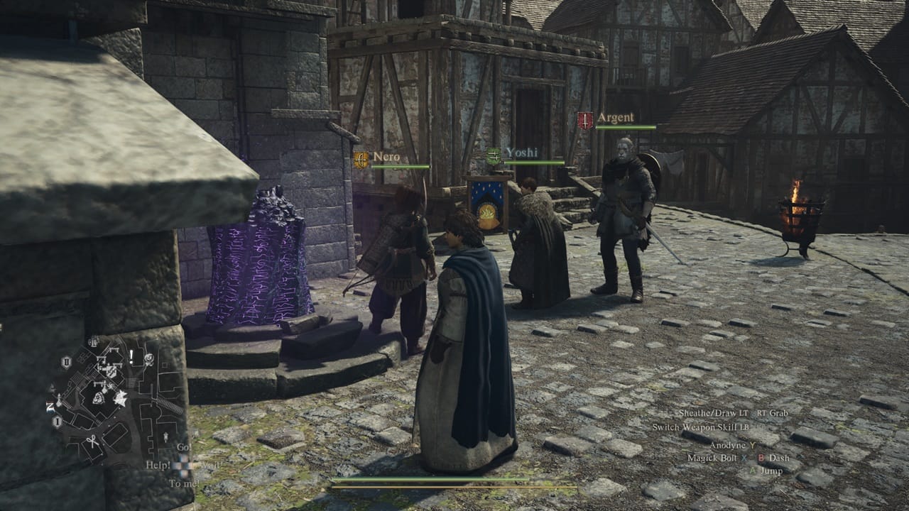 Dragon's Dogma 2 Portcrystals: An image of a party next to a Portcrystal. Image captured by VideoGamer.