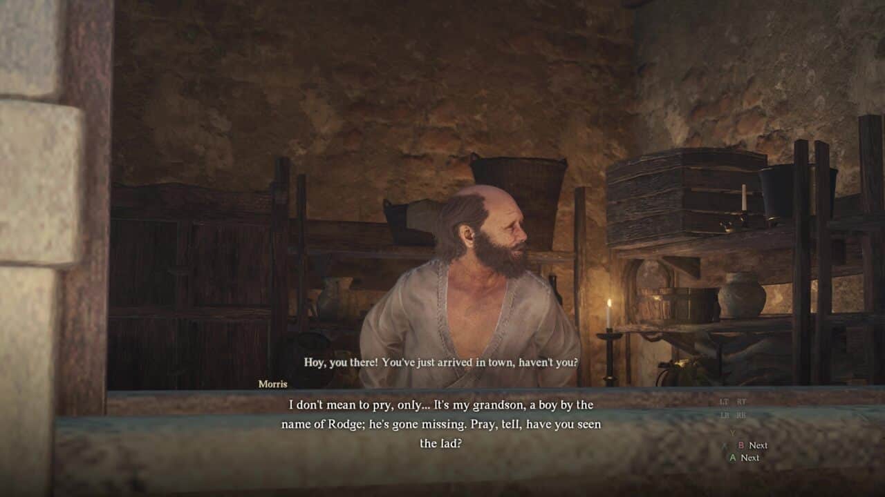 Dragon's Dogma 2 Prey for the Pack: Morris at the apothecary asking you if you've seen Rodge.