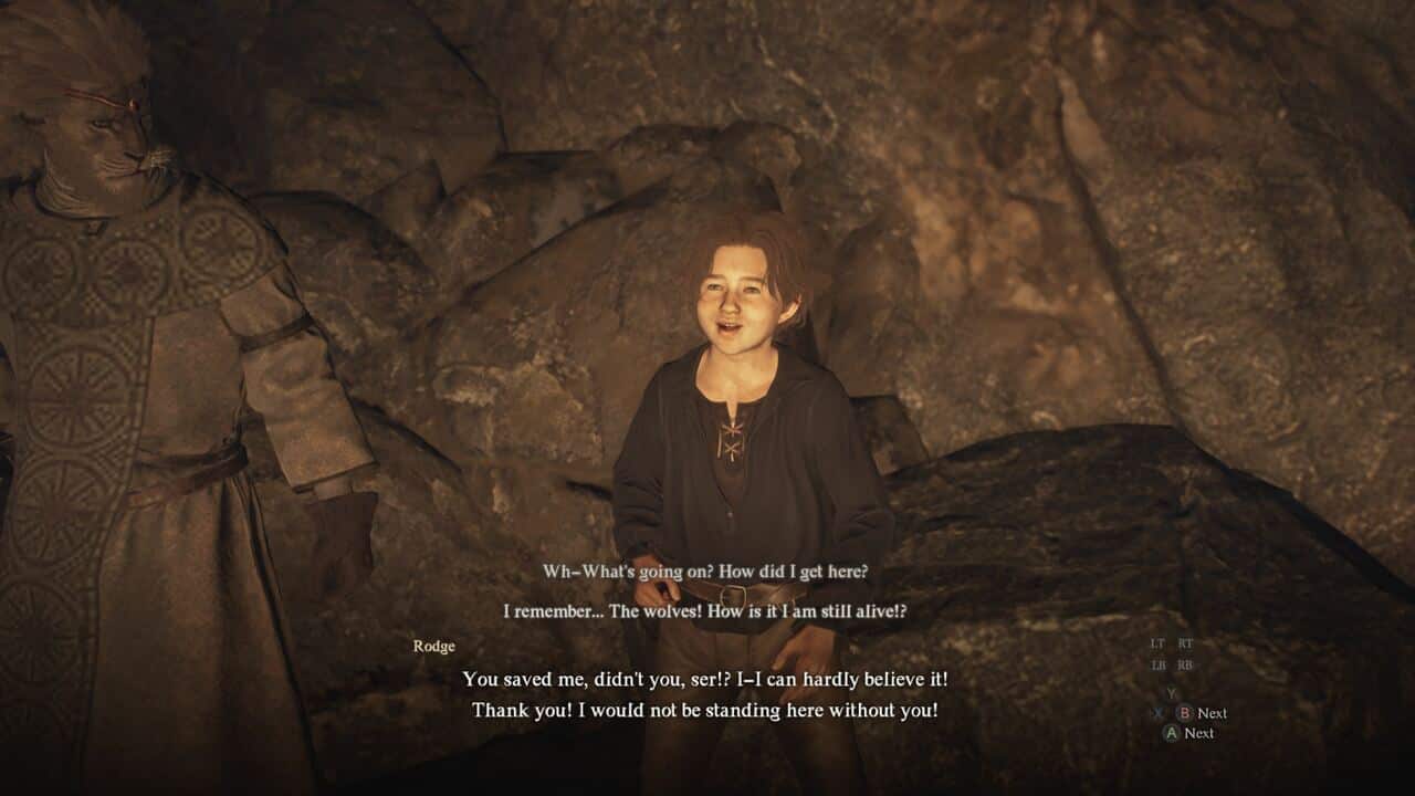 Dragon's Dogma 2 Prey for the Pack: Rodge thanking you for rescuing him in the cave.