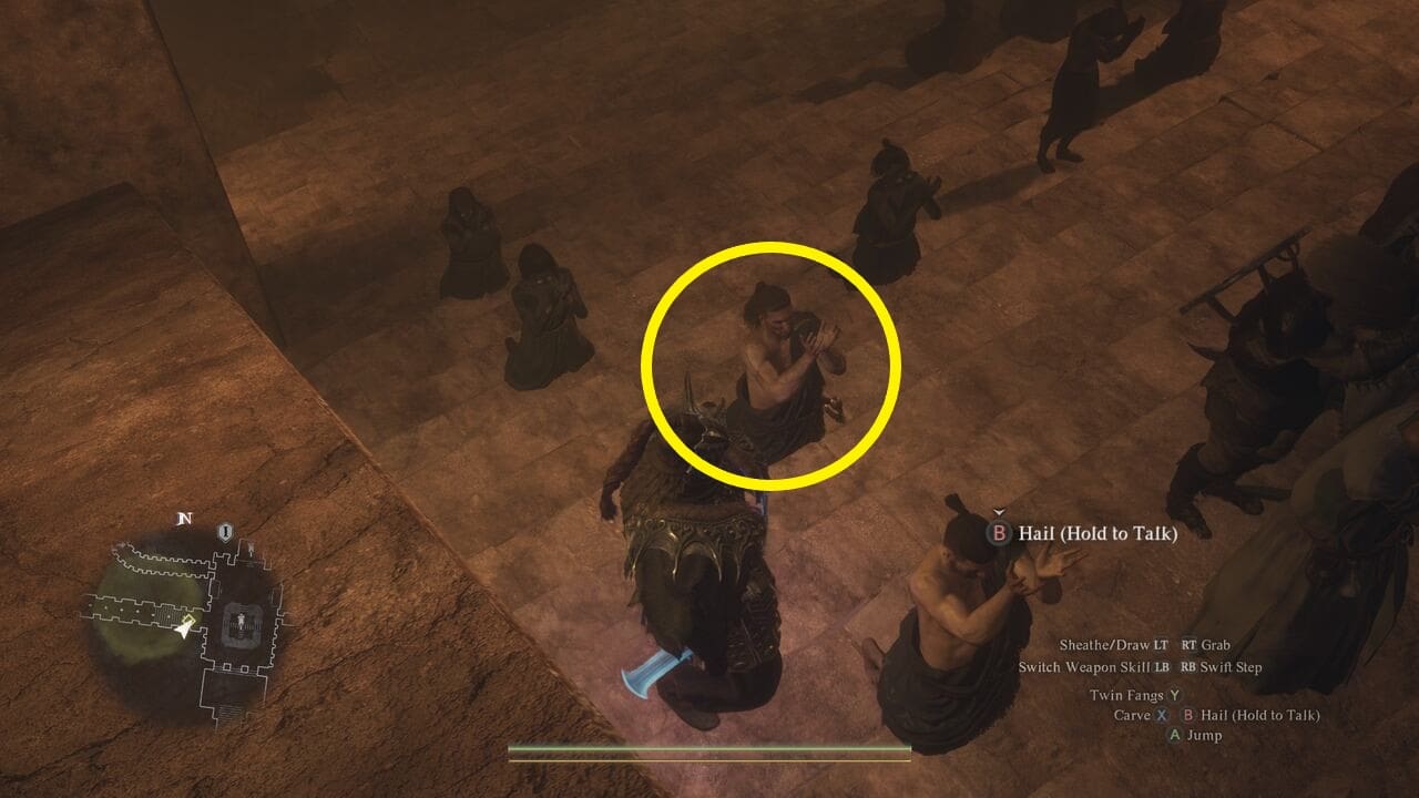 Dragon's Dogma 2 Shadowed Prayers: The assassin marked with a yellow circle.