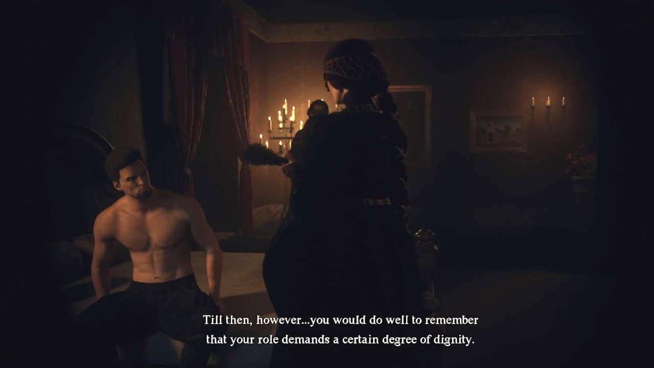 Dragon's Dogma 2 The Stolen Throne: A woman in a Victorian dress speaks sternly to a shirtless man in a dimly lit room. Image captured by VideoGamer.