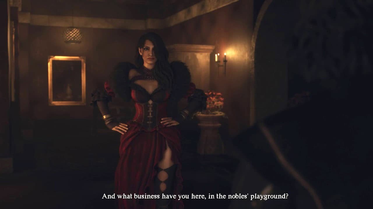 Dragon's Dogma 2 The Stolen Throne: A woman in a red dress has a conversation with the player. Image captured by VideoGamer.