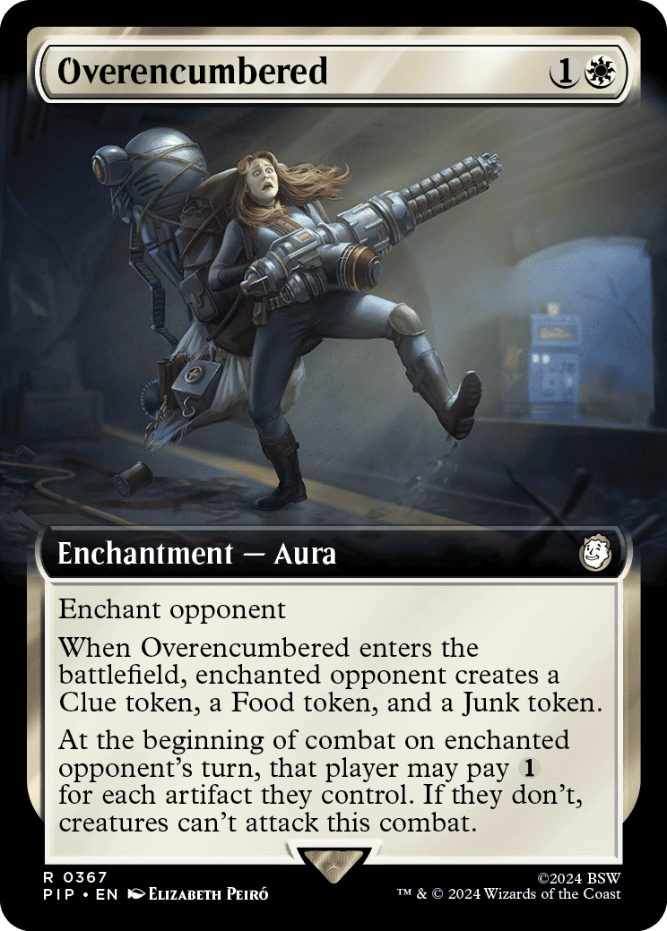 A card for overcumbered, featuring a woman holding a gun.