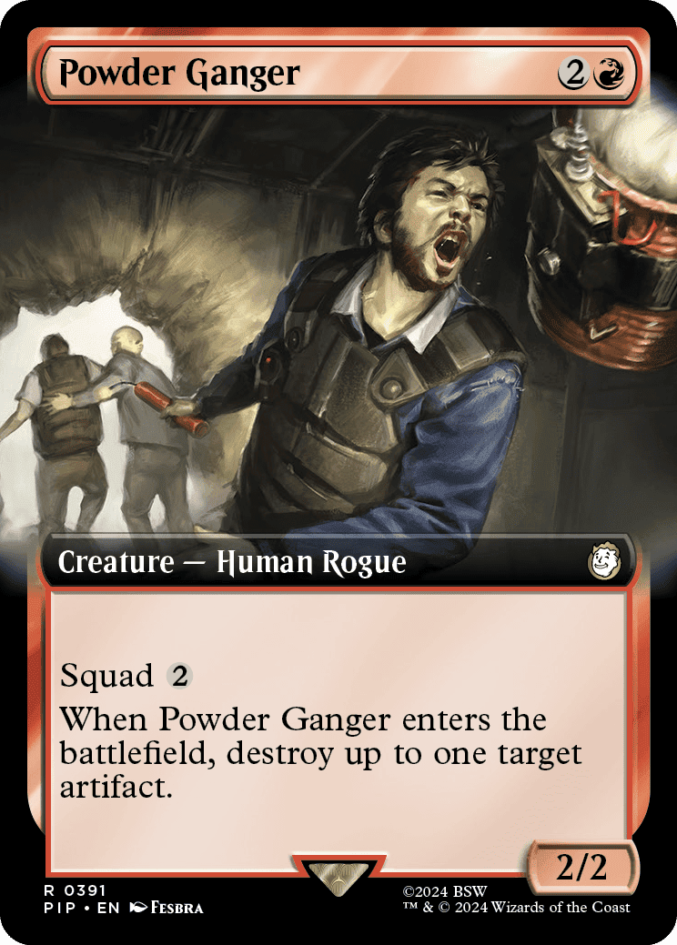 Covered in the Fallout MTG spoilers, the card for Powder Ganger is now available.