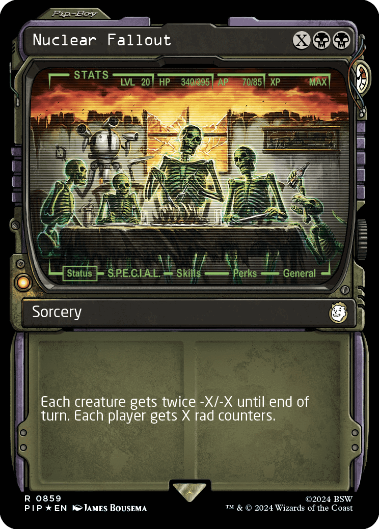 A card with a group of skeletons sitting at a table, inspired by MTG.