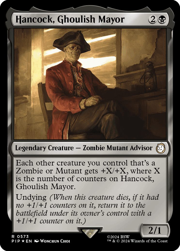 A card for the ghoulish mayor from MTG Fallout spoilers.