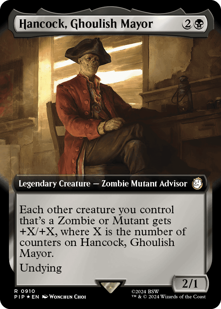 A card for the ghoulish mayor of Hancock, revealed in MTG Fallout spoilers.