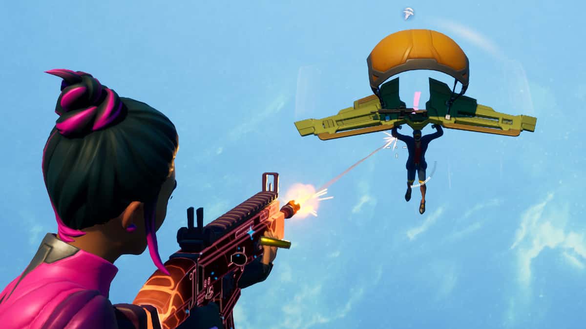 In this exhilarating scene, a woman effortlessly soars through the sky armed with a powerful gun, showcasing top-tier skills reminiscent of a masterful Fortnite player's impeccable aim.