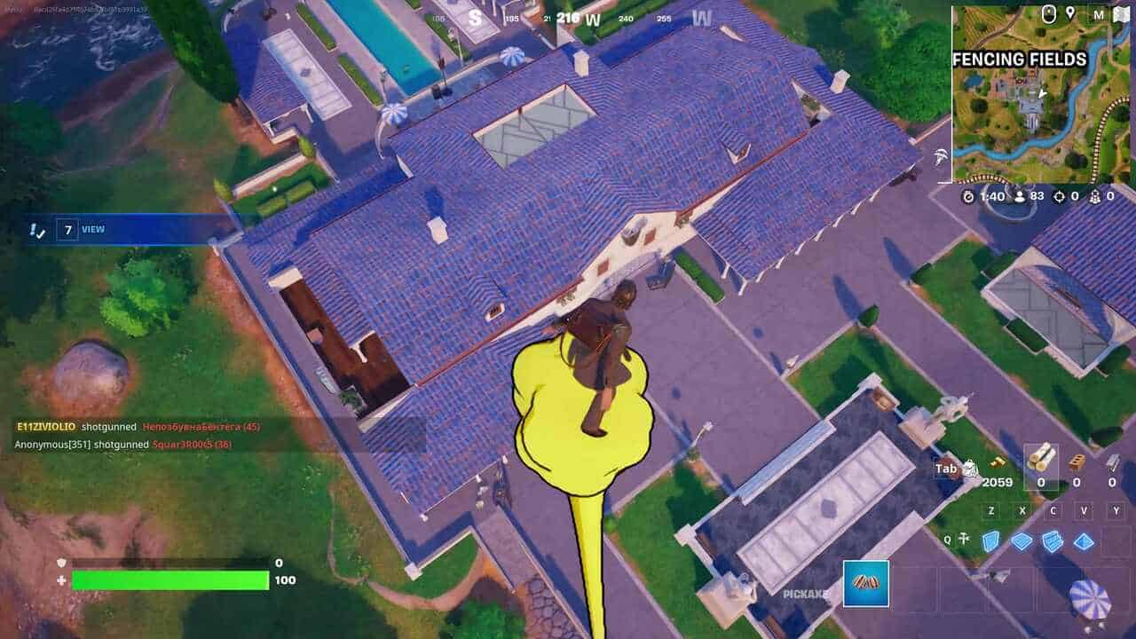 Fortnite best hiding spots: A player riding on a yellow cloud gliding towards a large house in Fortnite.