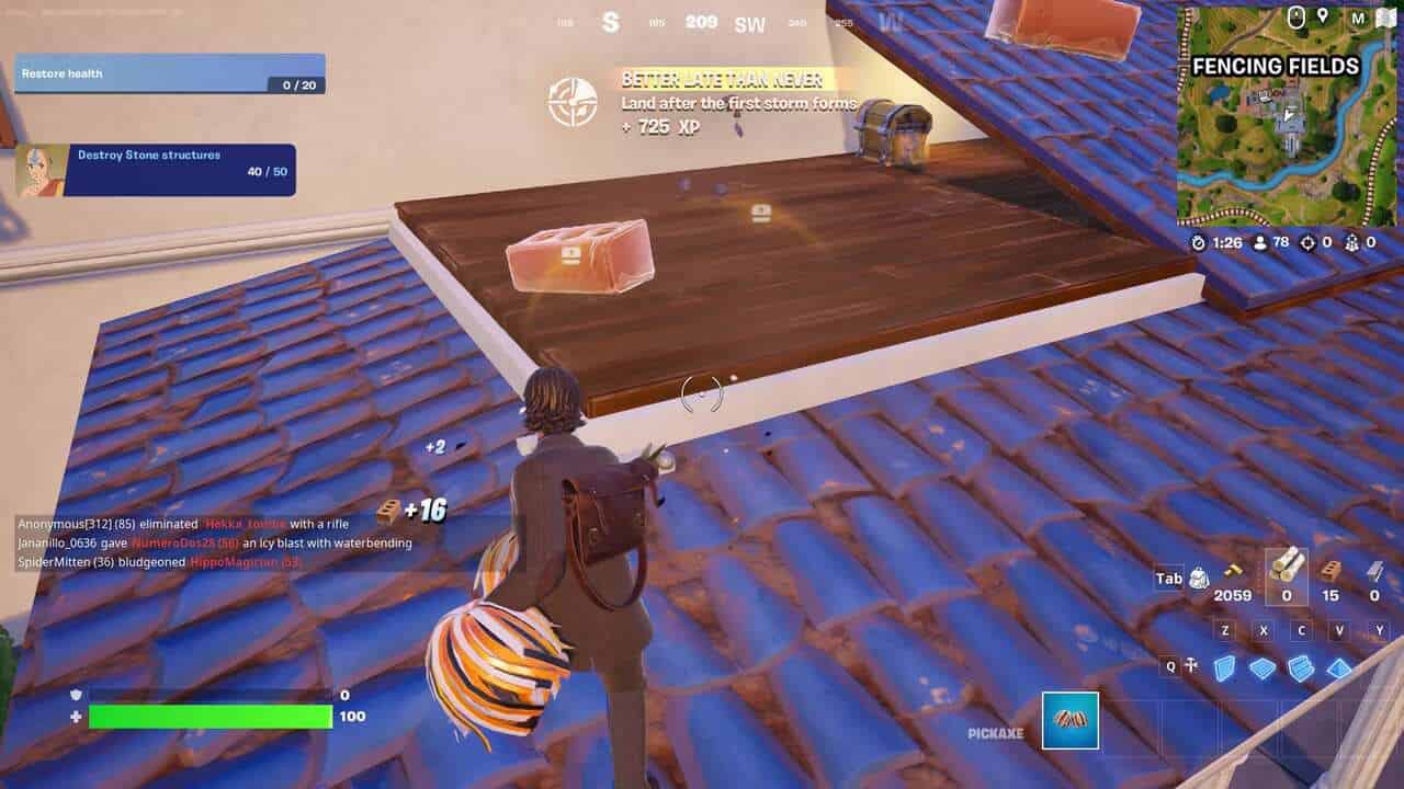 Fortnite best hiding spots: A player breaking a roof tile in Fortnite revealing a chest.