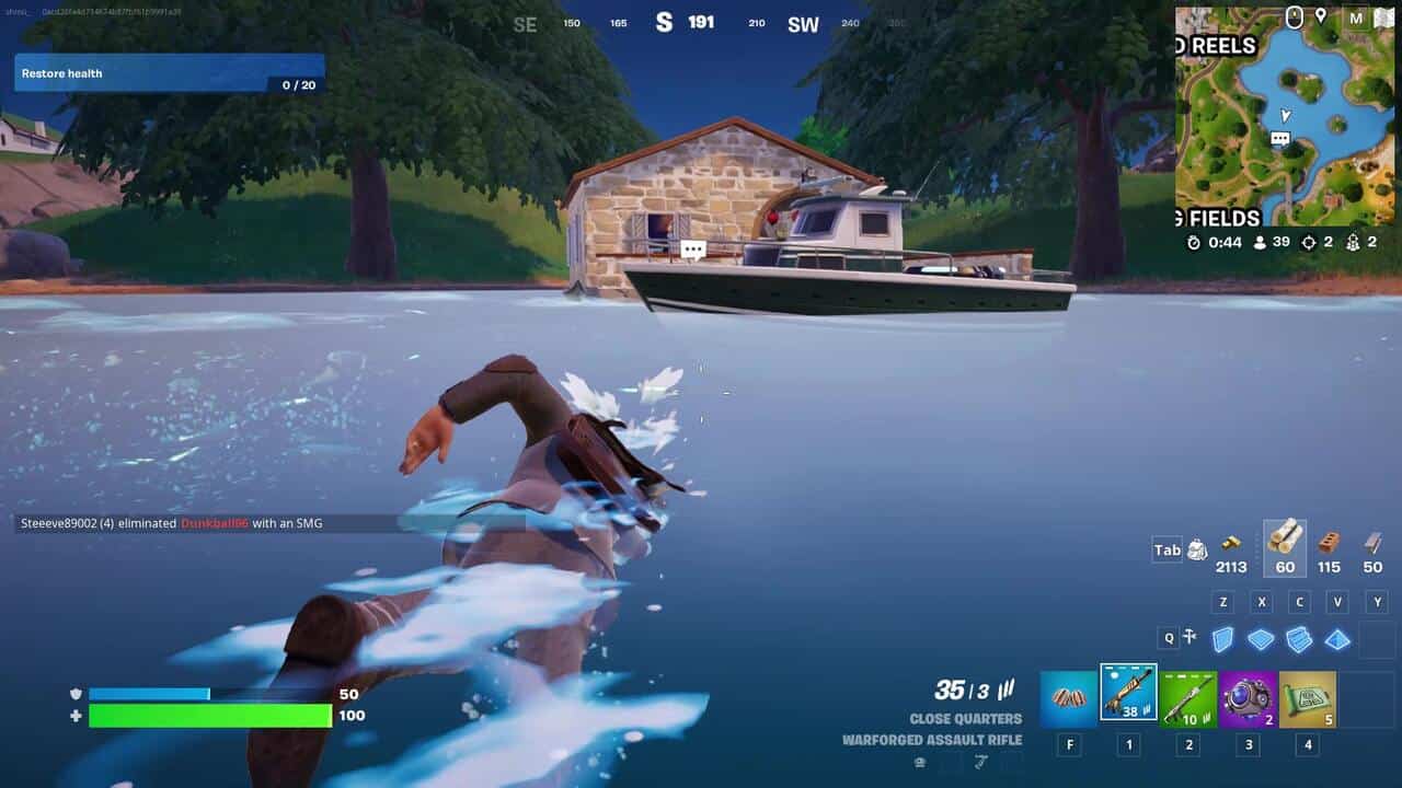Fortnite best hiding spots: A player swimming towards a boat and pier in Fortnite.