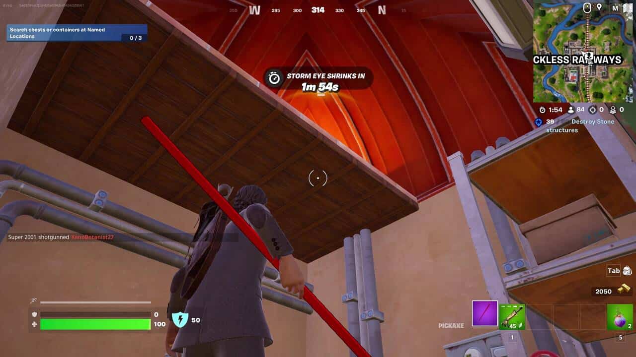 Fortnite best hiding spots: A player looking up at a platform above them in Fortnite.