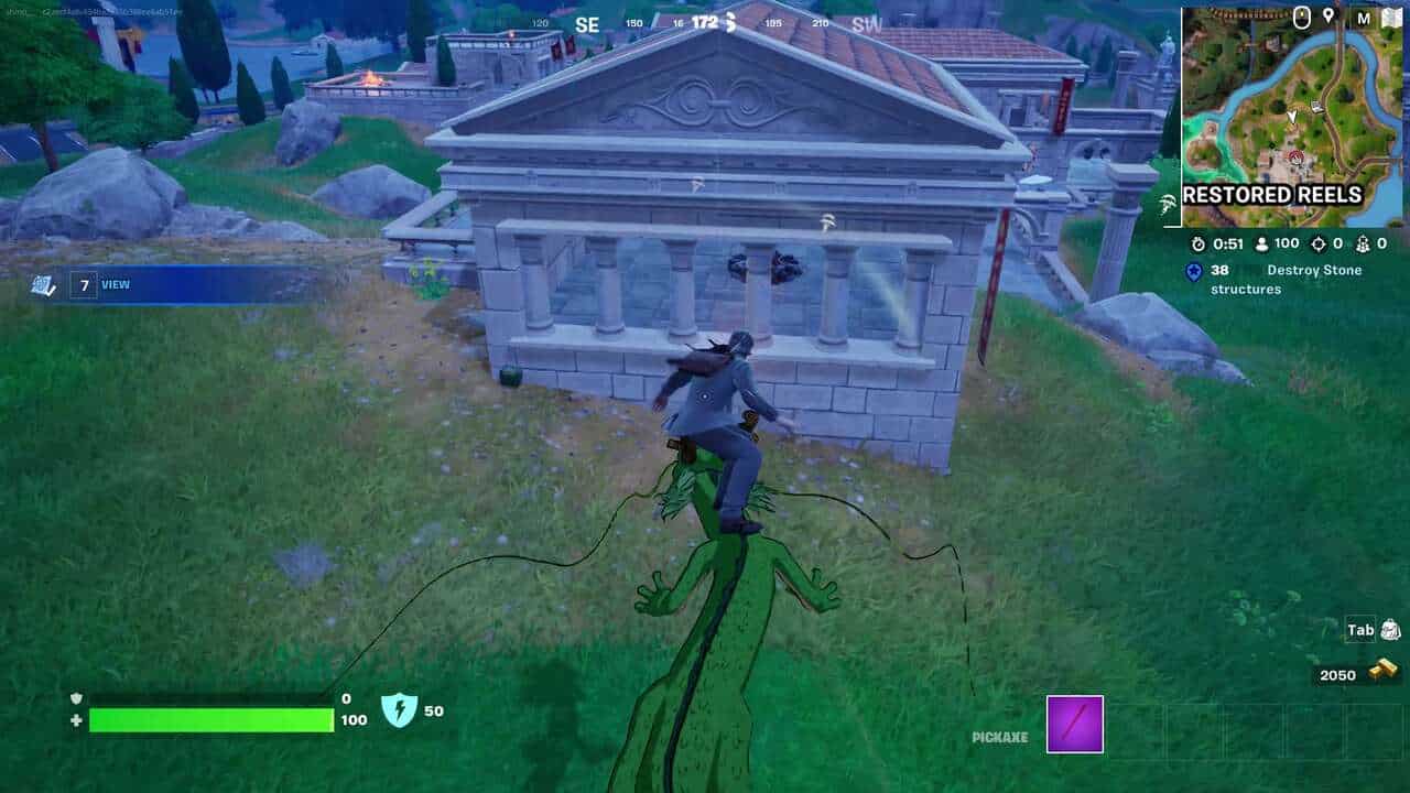Fortnite best hiding spots: A player riding a dragon gliding towards a Greek-style temple.