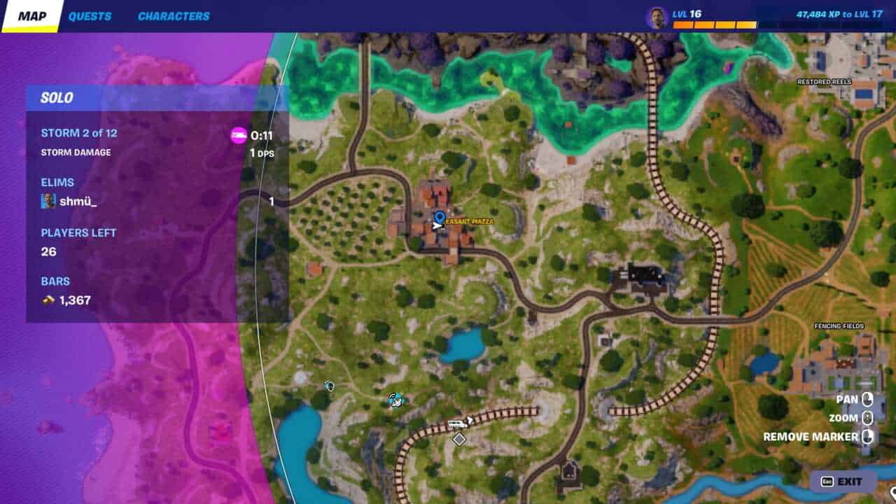 Fortnite how to destroy cabbage carts: The location of the Pleasant Piazza cabbage cart on the Fortnite map.