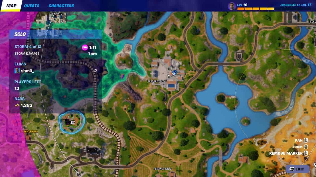 Fortnite how to destroy cabbage carts: The location of the cabbage cart in Restored Reels on the Fortnite map.