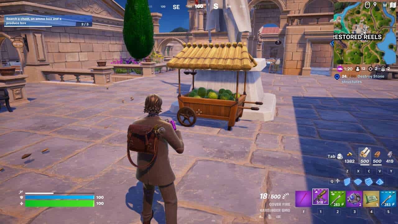 Fortnite how to destroy cabbage carts: The cabbage cart next to a statue at Restored Reels.