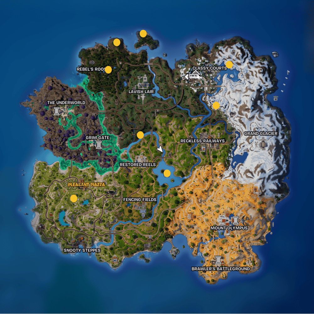 Map of a fictional video game world with various labeled regions and landmarks, including Fortnite campfire locations, highlighting diverse terrains like mountains, forests, and plains.