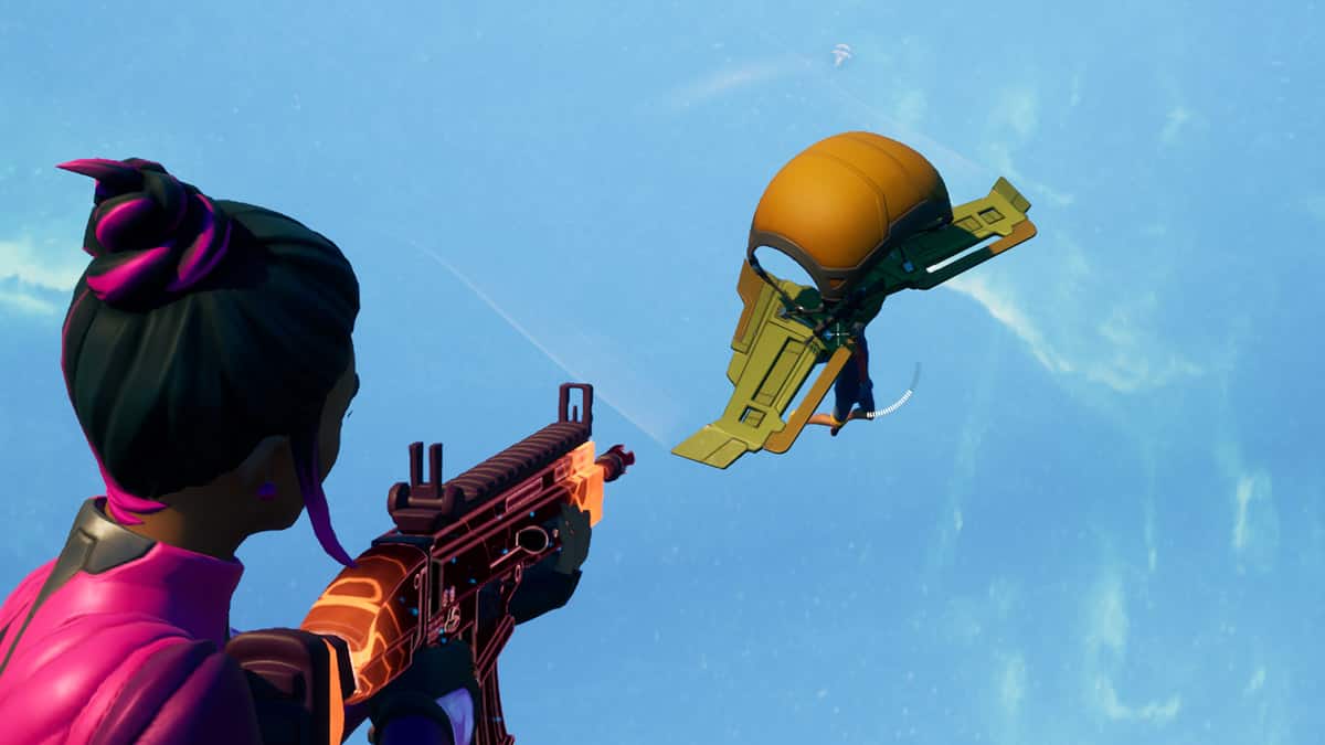 A woman is soaring through the sky in an epic battle wielding a powerful firearm, reminiscent of the intense battles in Fortnite.