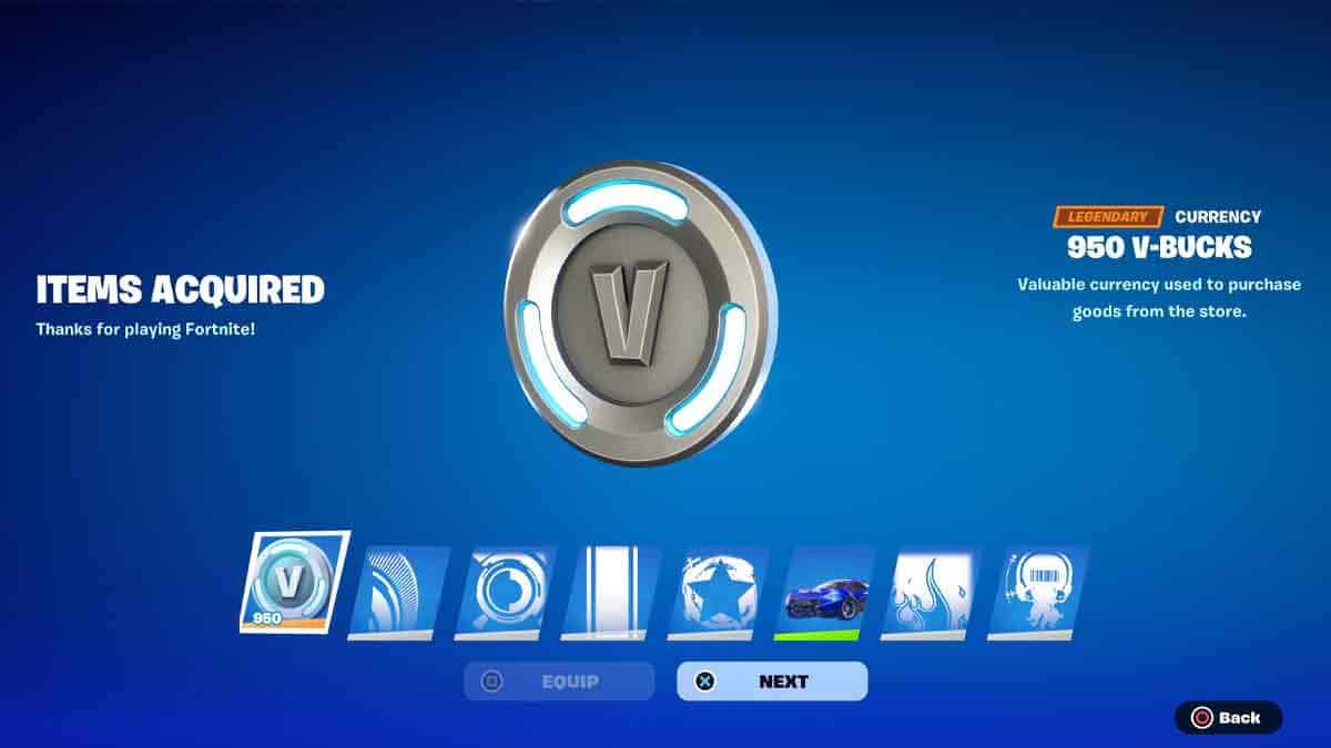 A screen showing virtual items acquired in the Auto Draft game Fortnite, including 950 v-bucks and various icons.