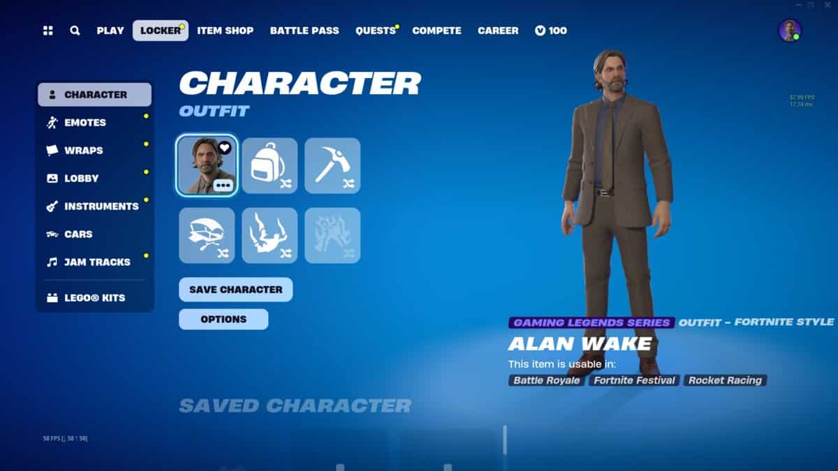 Fortnite how to change character: A player's Fortnite locker with the Alan Wake skin equipped.