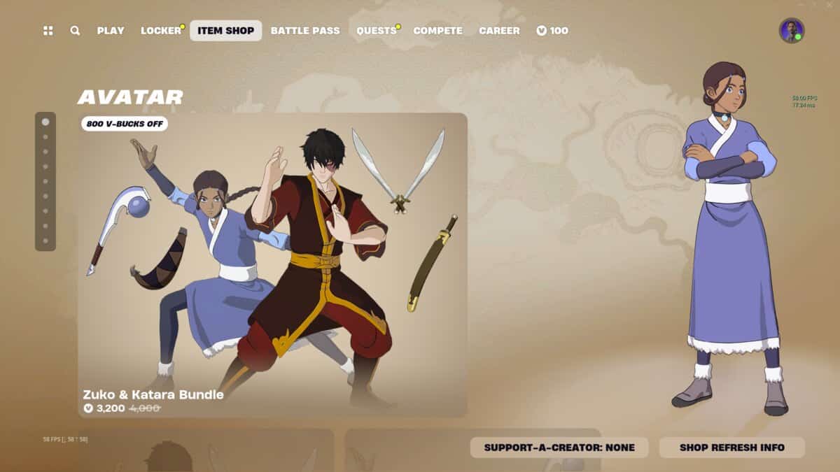 Fortnite how to change character: The Fortnite Item Shop showing the Zuko and Katara bundle for sale.
