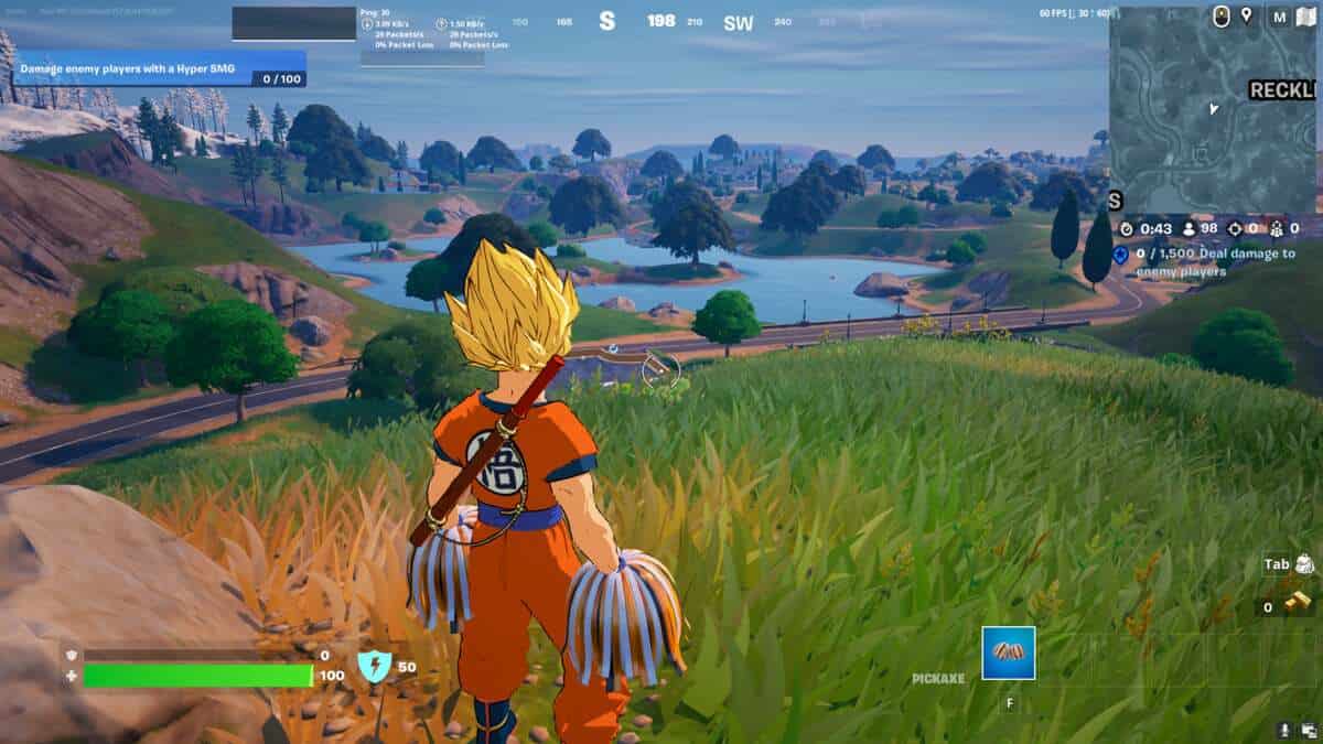 How to get bot lobbies Fortnite: Goku standing on a grassy hill overlooking a small lake in Fortnite.