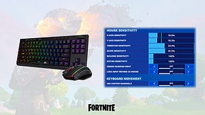 Fortnite best keyboard and mouse settings: A graphic showing a keyboard and mouse next to an image of the Fortnite settings menu.