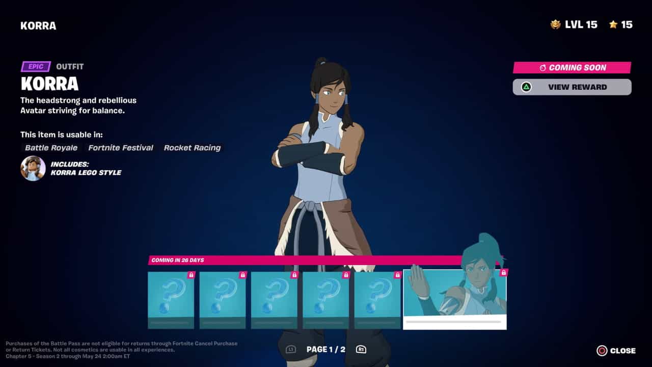 A screenshot from Fortnite displaying a character customization screen with an animated female avatar in a racing outfit named "Korra" and locked cosmetic items displayed below, titled "Fortnite Korra Skin: How to