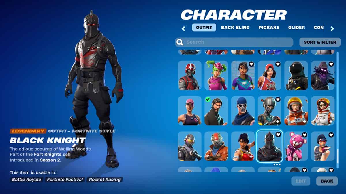 Can I Gift a Skin I Own in Fortnite: A player's inventory showing a variety of Fortnite skins with the Black Knight skin selected.