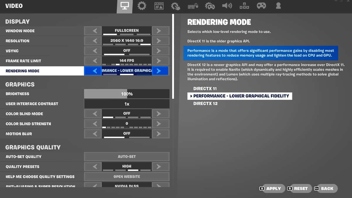 A screenshot of the video settings on a computer screen, demonstrating how to improve FPS in Fortnite.