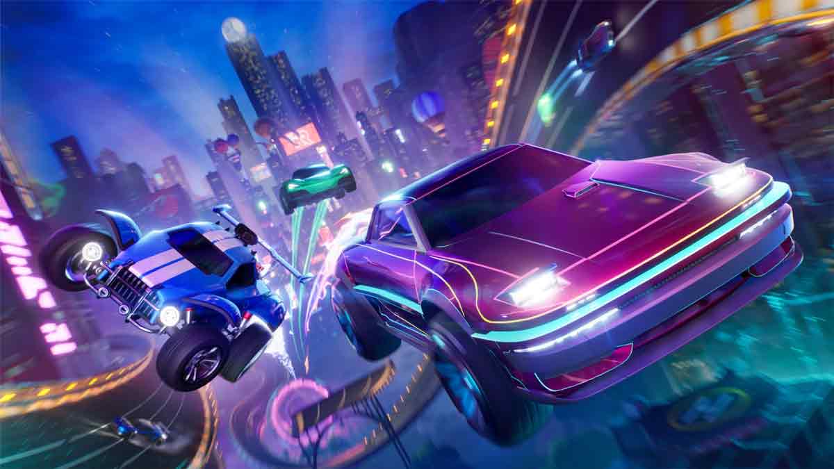 Futuristic cars in a high-speed chase with neon lights and a cityscape backdrop, reminiscent of the latest Fortnite patch notes.