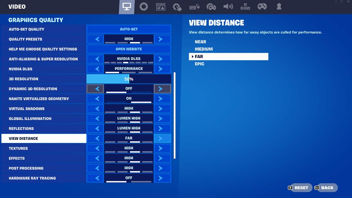 A screen showing the settings to improve fps in Fortnite.