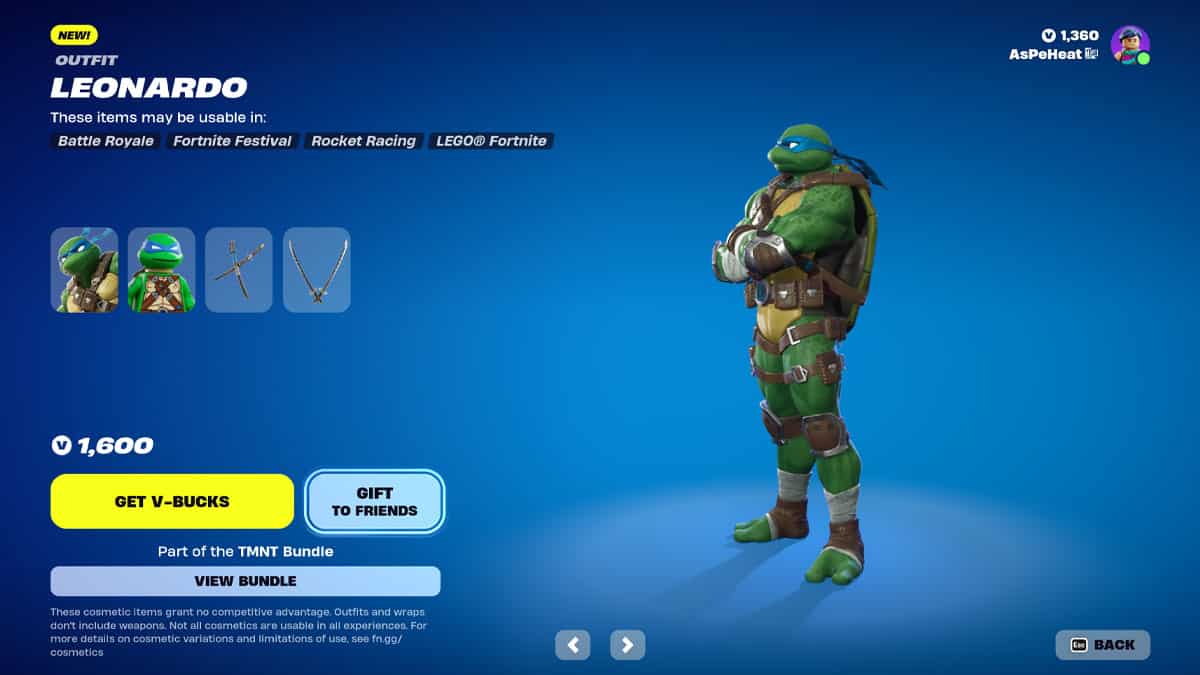 Can I Gift a Skin I Own in Fortnite: The skin shop showing the Leonardo Fortnite skin with a button marked 'Gift to Friends'.