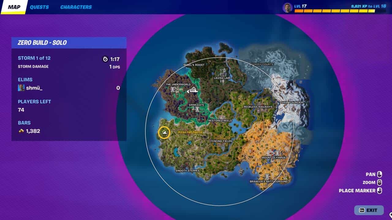 Fortnite where to find Coastal Columns: The location of Coastal Columns on the Fortnite map marked with a yellow circle.