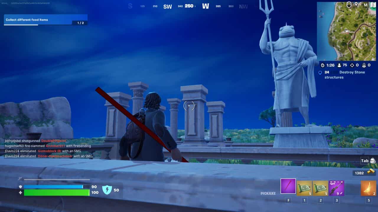 Fortnite where to find Coastal Columns: Some stone columns and a statue of a fish-man at Coastal Columns in Fortnite.