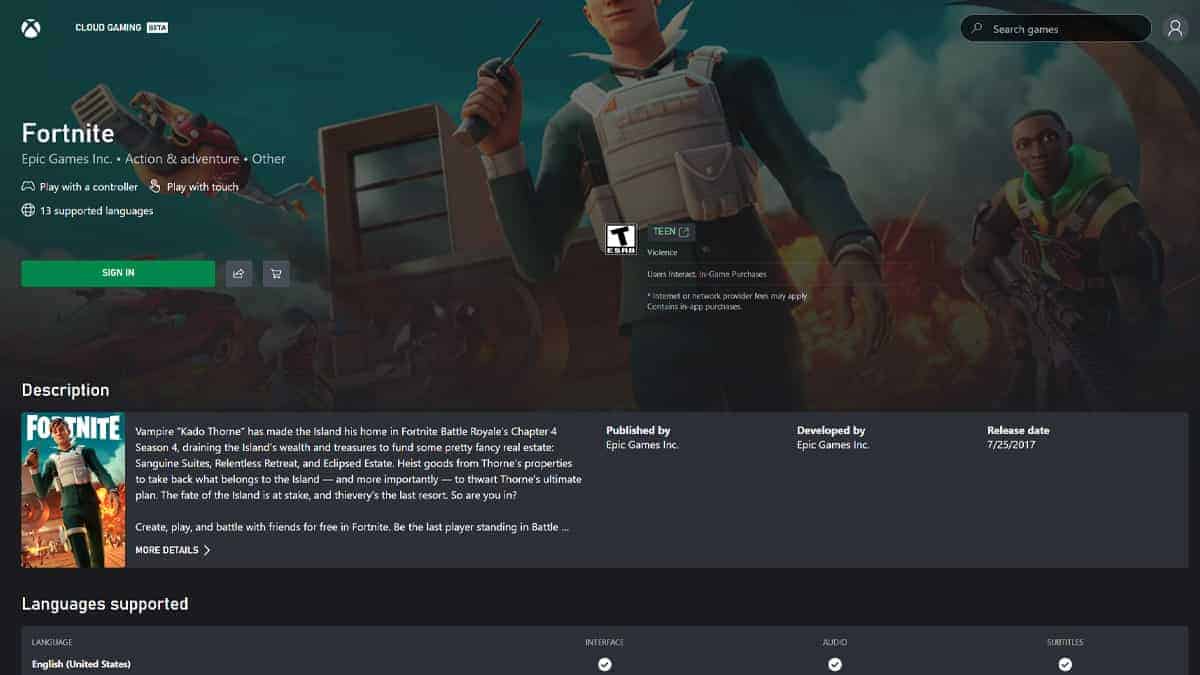 An image of Fortnite from the Microsoft Store for Cloud Gaming with cross-platform support. Image via Microsoft.
