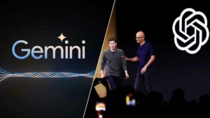Gemini and Microsoft logos on a stage, showcasing the latest technology advancements like Google Ultra 1.0 vs GPT-4.
