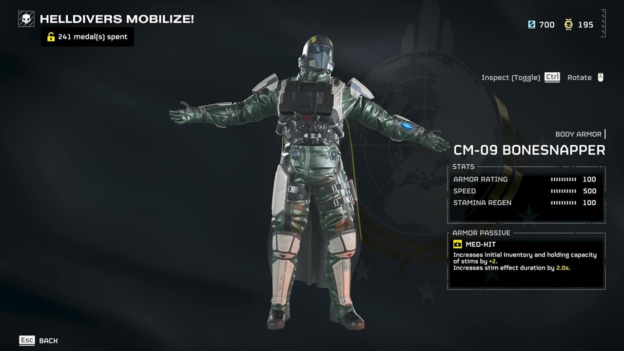 Helldivers 2 best armor: The CM-09 Bonesnapper suit in the game's armory. Image captured by VideoGamer.